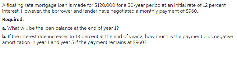A floating rate mortgage loan is made for $120,000 for a 30-year period at an initial rate of 12 percent
interest. However, the borrower and lender have negotiated a monthly payment of $960.
Required:
a. What will be the loan balance at the end of year 1?
b. If the interest rate increases to 13 percent at the end of year 2, how much is the payment plus negative
amortization in year 1 and year 5 if the payment remains at $960?