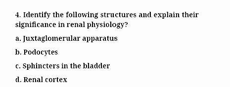 4. Identify the following structures and explain their
significance in renal physiology?
a. Juxtaglomerular apparatus
b. Рodocytes
c. Sphincters in the bladder
d. Renal cortex
