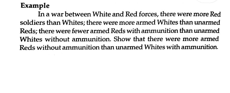 Example
In a war between White and Red forces, there were more Red
soldiers than Whites; there were more armed Whites than unarmed
Reds; there were fewer armed Reds with ammunition than unarmed
Whites without ammunition. Show that there were more armed
Reds without ammunition than unarmed Whites with ammunition.
