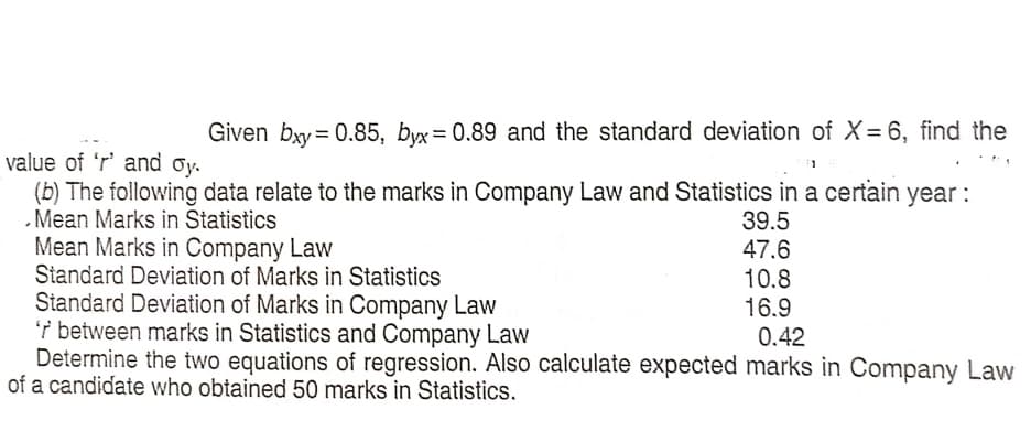 Given bxy = 0.85, byx= 0.89 and the standard deviation of X= 6, find the
value of 'r' and oy.
(b) The following data relate to the marks in Company Law and Statistics in a certain year:
Mean Marks in Statistics
Mean Marks in Company Law
Standard Deviation of Marks in Statistics
Standard Deviation of Marks in Company Law
7 between marks in Statistics and Company Law
Determine the two equations of regression. Also calculate expected marks in Company Law
of a candidate who obtained 50 marks in Statistics.
39.5
47.6
10.8
16.9
0.42
