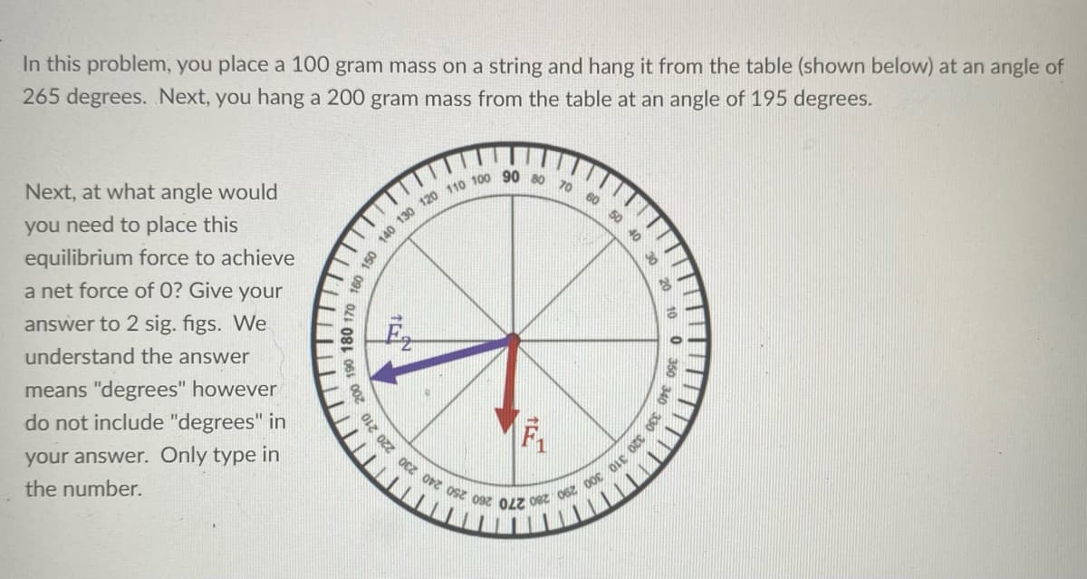 290 280 270 260 250 240 230 220 210
In this problem, you place a 100 gram mass on a string and hang it from the table (shown below) at an angle of
265 degrees. Next, you hang a 200 gram mass from the table at an angle of 195 degrees.
Next, at what angle would
70
you need to place this
equilibrium force to achieve
a net force of 0? Give your
answer to 2 sig. figs. We
understand the answer
means "degrees" however
do not include "degrees" in
your answer. Only type in
the number.
OLE
20 10
0 350
30
330 320

