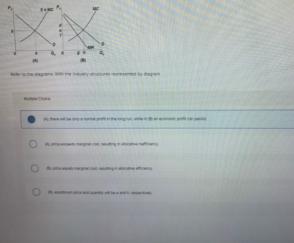 a
S=MC
D
P.
Q0
Multiple Choice
(B)
MC
MR
D
Q
Refer to the diagrams. With the industry structures represented by diagram
(AL, there will be only a normal profit in the long run, while in (B) an economic profit can persist.
(A). price exceeds marginal cost, resulting in allocative Inefficiency.
(B), price equals marginal cost, resulting in allocative efficiency.
(B), equilibrium price and quantity will be e and h, respectively.