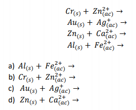Cris) + Zn?ao →
Au(s) + Agac)
+ Cafac)
n2+
Zns) + Caždo
Als) + Feac)
,2+
Zn(s)
2+
a) Als) + Fefac)
b) Crs + Znac)→
c) Aus) + Agtac) →
d) Zná) + Cafac)
↑ ↑ ↑
