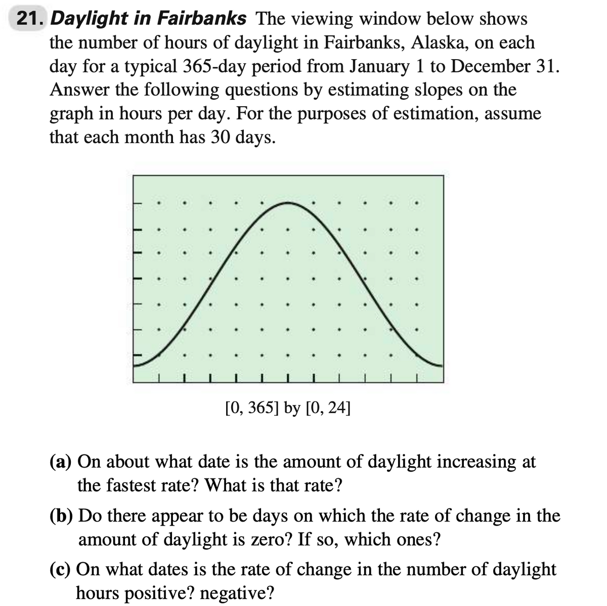 21. Daylight in Fairbanks The viewing window below shows
the number of hours of daylight in Fairbanks, Alaska, on each
day for a typical 365-day period from January 1 to December 31.
Answer the following questions by estimating slopes on the
graph in hours per day. For the purposes of estimation, assume
that each month has 30 days.
[0, 365] by [0, 24]
(a) On about what date is the amount of daylight increasing at
the fastest rate? What is that rate?
(b) Do there appear to be days on which the rate of change in the
amount of daylight is zero? If so, which ones?
(c) On what dates is the rate of change in the number of daylight
hours positive? negative?