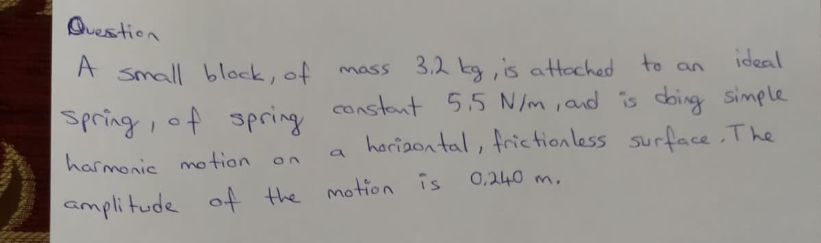 Question
ideal
A small block, of
mass 3,2 kg, is attached to an
Spring, of spring constant 5.5 N/m , and is doing simple
harizon tal, frictionless surface ,The
a
harmonic mo tion
0,240 m.
amplitude of the motion is
