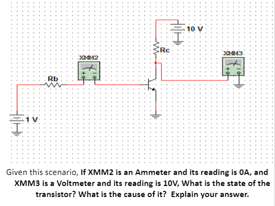 Rb
XİMM2
TH
RC
XMM3
Given this scenario, If XMM2 is an Ammeter and its reading is OA, and
XMM3 is a Voltmeter and its reading is 10V, What is the state of the
transistor? What is the cause of it? Explain your answer.