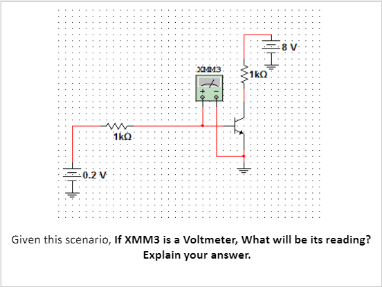 TH
-0.2 V
I
1kQ
XMM3
오
<1kQ
ti
8 V-
Given this scenario, If XMM3 is a Voltmeter, What will be its reading?
Explain your answer.