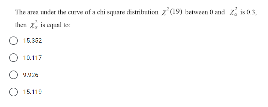 The area under the curve of a chi square distribution X(19) between 0 and X, is 0.3,
then Xá is equal to:
15.352
10.117
9.926
15.119
