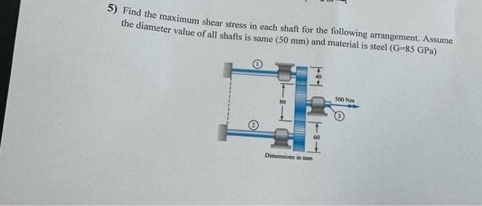 5) Find the maximum shear stress in each shaft for the following arrangement. Assume
the diameter value of all shafts is same (50 mm) and material is steel (G-85 GPa)
Dimensions in mm
40
500 Nm