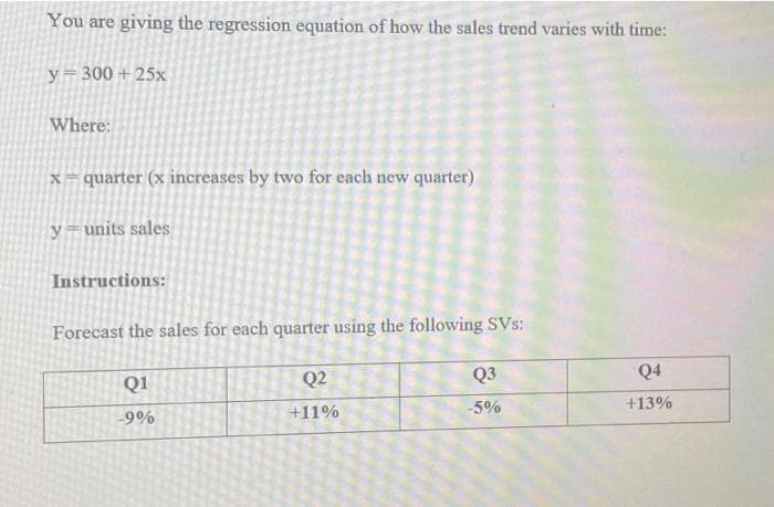 You are giving the regression equation of how the sales trend varies with time:
y= 300 + 25x
Where:
x=quarter (x increases by two for each new quarter)
y=units sales
Instructions:
Forecast the sales for each quarter using the following SVs:
Q2
Q3
Q4
Q1
-5%
+13%
9%
+11%
