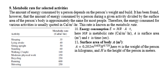 9. Metabolic rate for selected activities
The amount of energy consumed by a person depends on the person's weight and build. It has been found,
however, that the amount of energy consumed by a person during a given activity divided by the surface
area of the person's body is approximately the same for most people. Therefore, the energy consumed for
various activities is usually quoted in Cal/m-hr. This rate is known as the metabolic rate.
10. Energy consumption E = MR · A t,
here MR is metabolic rate (Calm? hr), A is surface area
(m³) and t is time (sec).
11. Surface area of body A (m?):
A = 0,202m0425 H0,725 here m is the weight of the person
in kilograms, and H is the height of the person in meters.
Metabolic rate
(Calm'-hr)
Activity
Sleeping
Lying awake
Siting upright
Standing
Walking (3 mph)
Moderate physical work
Bicycling
Running
Shivering
35
40
50
60
140
150
250
600
250
