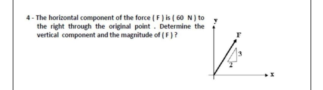4 - The horizontal component of the force ( F ) is ( 60N) to
the right through the original point . Determine the
vertical component and the magnitude of ( F)?
F
