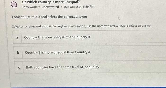 Look at Figure 3.3 and select the correct answer
Select an answer and submit. For keyboard navigation, use the up/down arrow keys to select an answer.
a
b
3.2 Which country is more unequal?
Homework Unanswered Due Oct 15th, 5:59 PM
с
Country A is more unequal than Country B
Country B is more unequal than Country A
Both countries have the same level of inequality