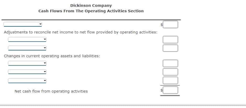 Dickinson Company
Cash Flows From The Operating Activities Section
Adjustments to reconcile net income to net flow provided by operating activities:
Changes in current operating assets and liabilities:
Net cash flow from operating activities
