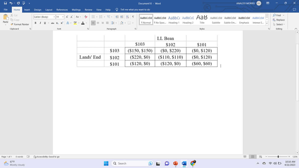 File
14
Paste
Home Insert Design Layout
Cut
E Copy
Format Painter
Clipboard
Page 1 of 1
0 words
67°F
Mostly cloudy
17
N
Calibri (Body)
BI
References Mailings
11 ▼
Uabe X₂ X²
Font
Accessibility: Good to go
Α Δ Aa ✓
A-
ab
Review View
✓
Lands' End
✓
Help
2
E
Paragraph
$103
$102
$101
Tell me what you want to do
A↓
Q Search
H
Document 10
¶
$103
($150, $150)
($220, $0)
($120, $0)
Word
AaBbCcDd AaBbCcDd AaBbC AaBbCct AaB AaBbCcDd AaBbCcDd AaBbCcDd AaBbCcDd
Normal 1 No Spac... Heading 1
Heading 2
Title
Subtitle Subtle Em... Emphasis Intense E...
(1)
LL Bean
$102
($0, $220)
($110, $110)
($120, $0)
W
Styles
ANALDO MORRIS AM
$101
($0, $120)
($0, $120)
($60, $60)
R
Find
ac Replace
Select
Editing
x
L
120%
10:16 AM
4/21/2023