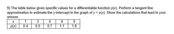 9) The table below gives specific values for a differentiable function p(x). Perform a tangent line
approximation to estimate the y-intercept in the graph of y = p(x). Show the calculations that lead to your
answer.
1
3
4
9
p(x)
0.4
0.5
0.7
1.1
1.8
