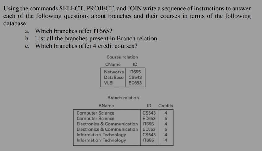 Using the commands SELECT, PROJECT, and JOIN write a sequence of instructions to answer
each of the following questions about branches and their courses in terms of the following
database:
a. Which branches offer IT665?
b. List all the branches present in Branch relation.
c. Which branches offer 4 credit courses?
Course relation
CName
ID
Networks IT655
DataBase CS543
VLSI
EC653
Branch relation
ID Credits
4
5
4
BName
Computer Science
CS543
Computer Science
EC653
Electronics & Communication IT655
Electronics & Communication EC653
Information Technology
CS543
Information Technology
IT655
544