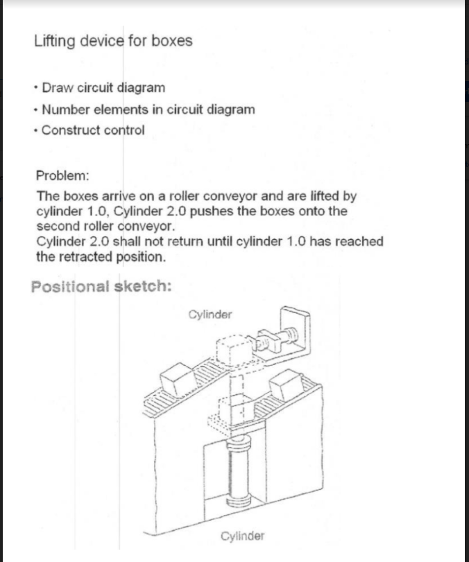 Lifting device for boxes
• Draw circuit diagram
• Number elements in circuit diagram
• Construct control
Problem:
The boxes arrive on a roller conveyor and are lifted by
cylinder 1.0, Cylinder 2.0 pushes the boxes onto the
second roller conveyor.
Cylinder 2.0 shall not return until cylinder 1.0 has reached
the retracted position.
Positional sketch:
Cylinder
Cylinder
