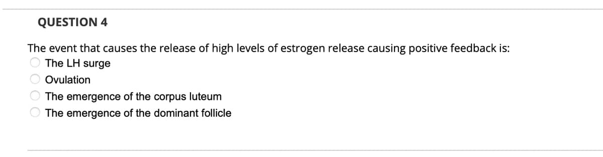 QUESTION 4
The event that causes the release of high levels of estrogen release causing positive feedback is:
The LH surge
Ovulation
The emergence of the corpus luteum
O The emergence of the dominant follicle
