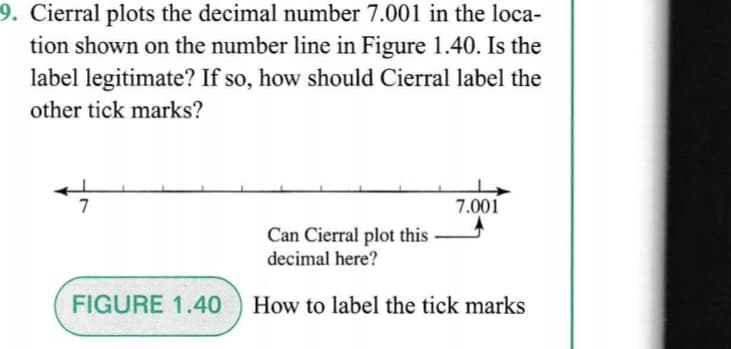 9. Cierral plots the decimal number 7.001 in the loca-
tion shown on the number line in Figure 1.40. Is the
label legitimate? If so, how should Cierral label the
other tick marks?
7
7.001
Can Cierral plot this
decimal here?
FIGURE 1.40
How to label the tick marks
