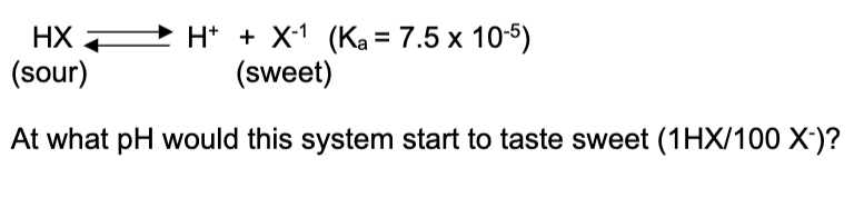HX =
(sour)
H* + X1 (Ka = 7.5 x 10-5)
(sweet)
At what pH would this system start to taste sweet (1HX/100 X)?
