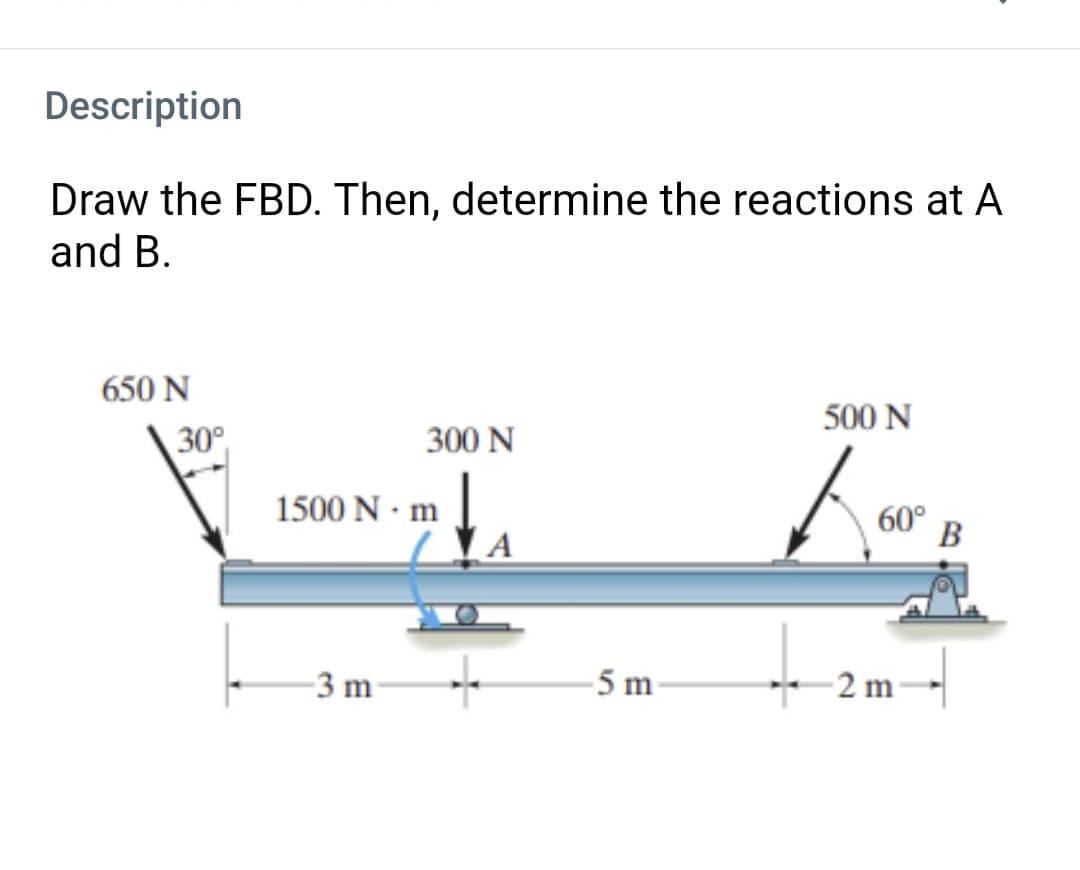 Description
Draw the FBD. Then, determine the reactions at A
and B.
650 N
500 N
30°
300 N
1500 N · m
A
60°
B
-5 m
-2 m-
-3 m
