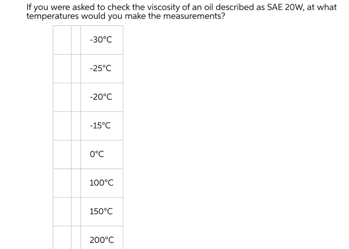 If you were asked to check the viscosity of an oil described as SAE 20W, at what
temperatures would you make the measurements?
-30°C
-25°C
-20°C
-15°C
0°C
100°C
150°C
200°C

