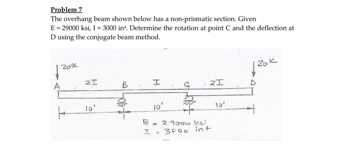Problem 7
The overhang beam shown below has a non-prismatic section. Given
E = 29000 ksi, I = 3000 in4. Determine the rotation at point C and the deflection at
D using the conjugate beam method.
B
I
Seed
10⁰
21
10'
I
= 29000 kesi
3000 int
2I
10'
20k