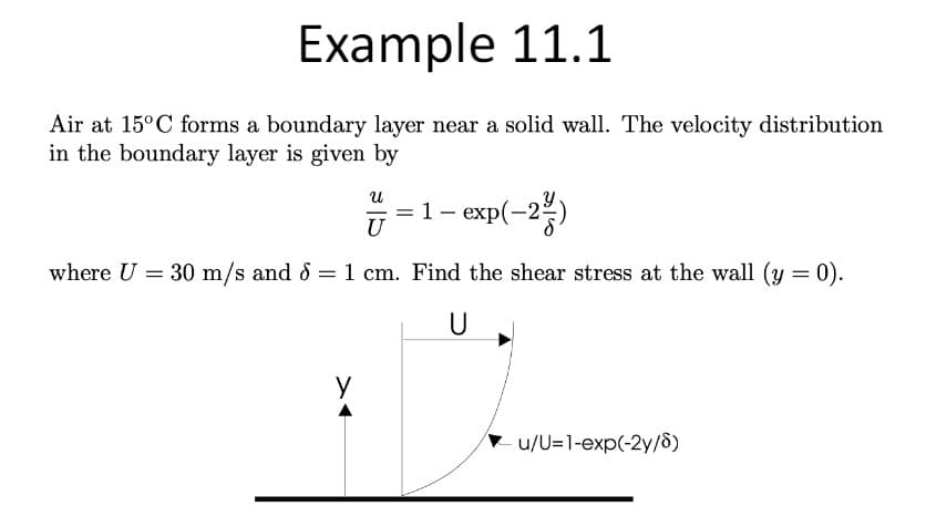 Example 11.1
Air at 15°C forms a boundary layer near a solid wall. The velocity distribution
in the boundary layer is given by
U
у
= 1- exp(-2)
where U = 30 m/s and d
= 30 m/s and d = 1 cm. Find the shear stress at the wall (y = 0).
U
u/U=1-exp(-2y/8)