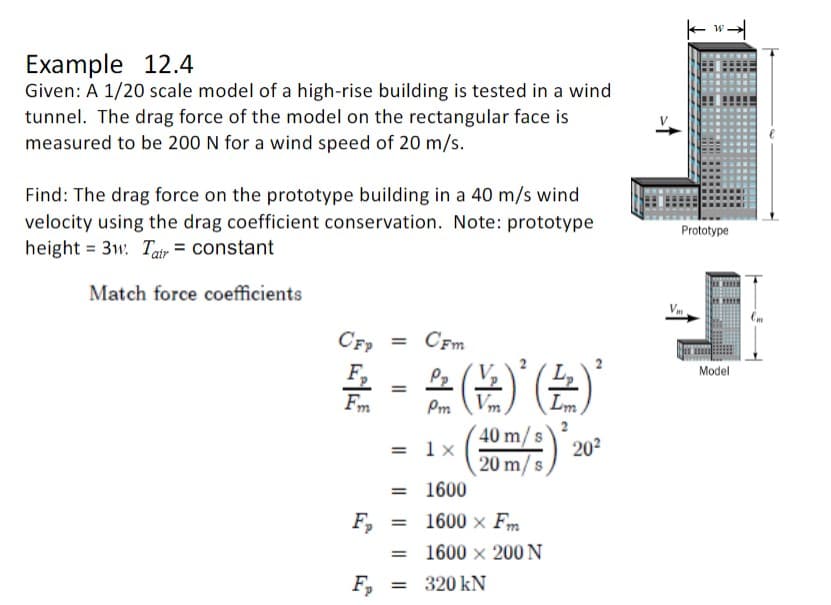 Example 12.4
Given: A 1/20 scale model of a high-rise building is tested in a wind
tunnel. The drag force of the model on the rectangular face is
measured to be 200 N for a wind speed of 20 m/s.
Find: The drag force on the prototype building in a 40 m/s wind
velocity using the drag coefficient conservation. Note: prototype
height=3w. Tair= constant
Match force coefficients
CFP
F₂
Fm
F₂
F₂
= CFm
=
= 1x
=
=
=
Pp
22 (2)' (2) ²
Lm.
Pm
=
40 m/s
20 m/s
1600
1600 × Fm
1600 × 200 N
320 kN
20²
K
W.
Prototype
Vm
Model