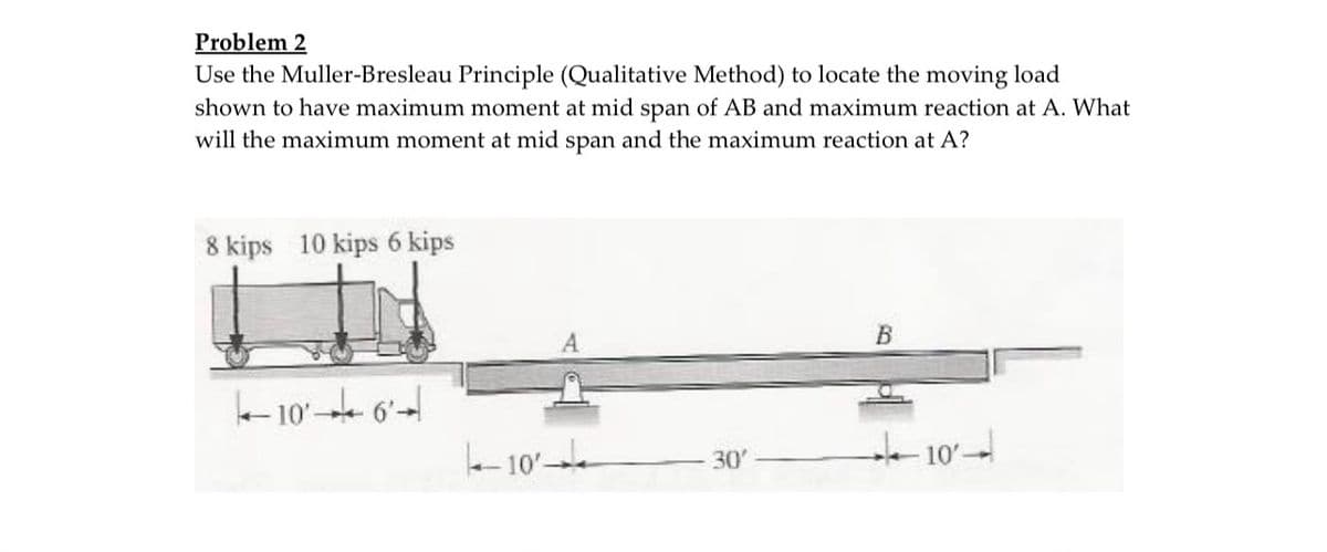 Problem 2
Use the Muller-Bresleau Principle (Qualitative Method) to locate the moving load
shown to have maximum moment at mid span of AB and maximum reaction at A. What
will the maximum moment at mid span and the maximum reaction at A?
8 kips 10 kips 6 kips
10+6²+
10
30'
B
10'