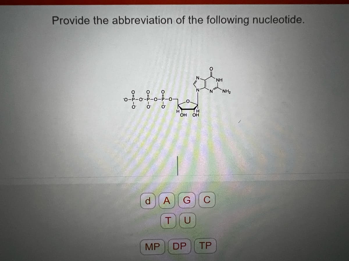 Provide the abbreviation of the following nucleotide.
ofofof
d
MP
H
H
OH OH
N
TU
A G C
DP
N
TP
NH
NH₂