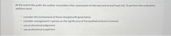 At the end of the audit, the auditor reconsiders their assessment of internal control and fraud risk. To perform this evaluation,
auditors must
consider the involvement of those charged with governance.
consider management's opinion on the significance of the qualitative factors involved.
use professional judgement.
use professional scepticism.