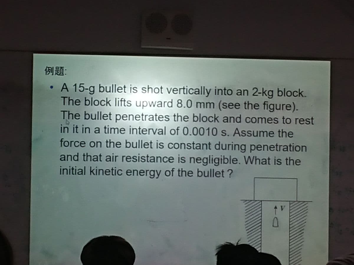 例題:
A 15-g bullet is shot vertically into an 2-kg block.
The block lifts upward 8.0 mm (see the figure).
The bullet penetrates the block and comes to rest
in it in a time interval of 0.0010 s. Assume the
force on the bullet is constant during penetration
and that air resistance is negligible. What is the
initial kinetic energy of the bullet ?
V.
