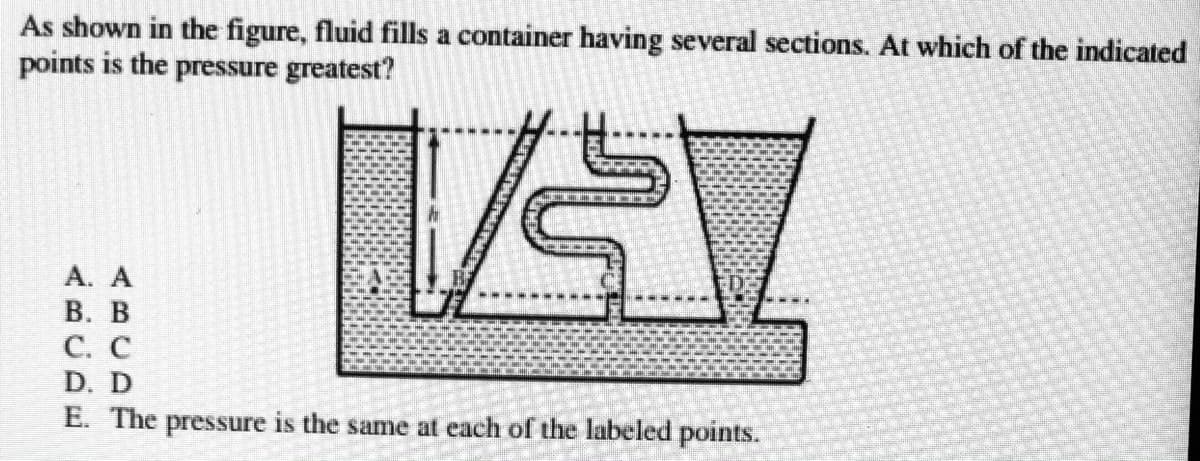 As shown in the figure, fluid fills a container having several sections. At which of the indicated
points is the pressure greatest?
А. А
В. В
С. С
D. D
E. The pressure is the same at each of the labeled points.
