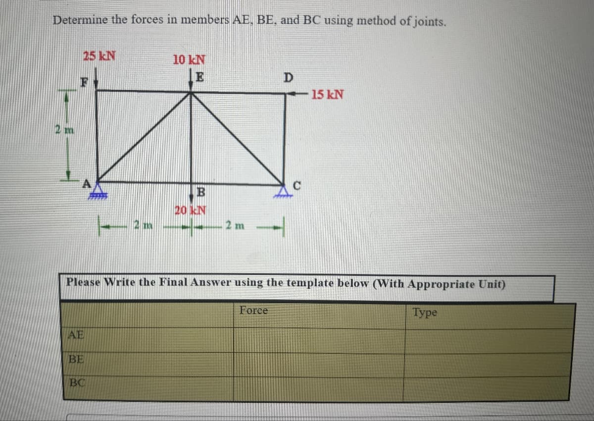 Determine the forces in members AE, BE, and BC using method of joints.
2 m
25 kN
10 kN
E
D
F
15 kN
B
20 kN
2 m
2 m
Please Write the Final Answer using the template below (With Appropriate Unit)
AE
BE
BC
Force
Type