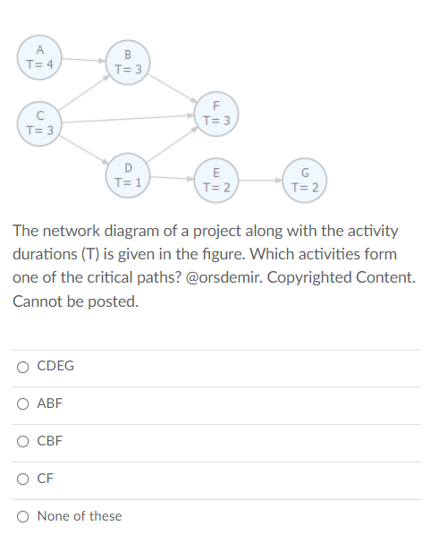 A
T= 4
T= 3
F
T= 3
T= 3
D
E
G
T= 1
T= 2
T= 2
The network diagram of a project along with the activity
durations (T) is given in the figure. Which activities form
one of the critical paths? @orsdemir. Copyrighted Content.
Cannot be posted.
CDEG
O ABF
О СВF
O CF
O None of these
