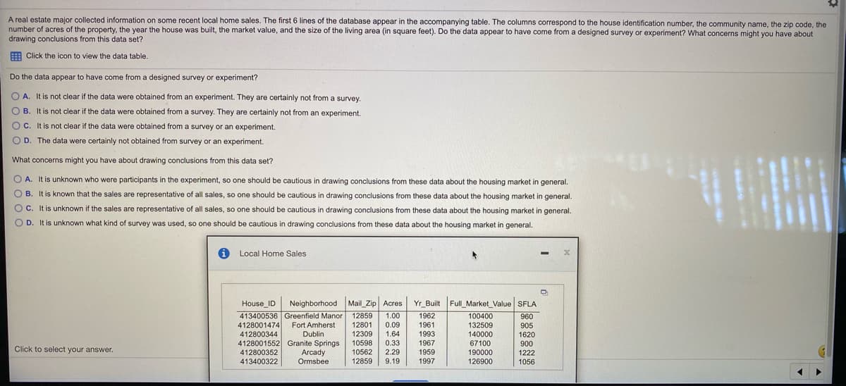 A real estate major collected information on some recent local home sales. The first 6 lines of the database appear in the accompanying table. The columns correspond to the house identification number, the community name, the zip code, the
number of acres of the property, the year the house was built, the market value, and the size of the living area (in square feet). Do the data appear to have come from a designed survey or experiment? What concerns might you have about
drawing conclusions from this data set?
E Click the icon to view the data table.
Do the data appear to have come from a designed survey or experiment?
O A. It is not clear if the data were obtained from an experiment. They are certainly not from a survey.
O B. It is not clear if the data were obtained from a survey. They are certainly not from an experiment.
O C. It is not clear if the data were obtained from a survey or an experiment.
O D. The data were certainly not obtained from survey or an experiment.
What concerns might you have about drawing conclusions from this data set?
O A. It is unknown who were participants in the experiment, so one should be cautious in drawing conclusions from these data about the housing market in general.
O B. It is known that the sales are representative of all sales, so one should be cautious in drawing conclusions from these data about the housing market in general.
O C. It is unknown if the sales are representative of all sales, so one should be cautious in drawing conclusions from these data about the housing market in general.
O D. It is unknown what kind of survey was used, so one should be cautious in drawing conclusions from these data about the housing market in general.
Local Home Sales
House_ID
Neighborhood Mail_Zip Acres
Yr_Built Full_Market_Value SFLA
413400536 Greenfield Manor 12859
1.00
1962
100400
960
4128001474
412800344
Fort Amherst
12801
0.09
1961
132509
140000
905
12309
Dublin
4128001552 Granite Springs
Arcady
Ormsbee
1.64
1993
1620
10598
0.33
1967
67100
900
Click to select your answer.
412800352
10562
2.29
1959
190000
1222
413400322
12859
9.19
1997
126900
1056
