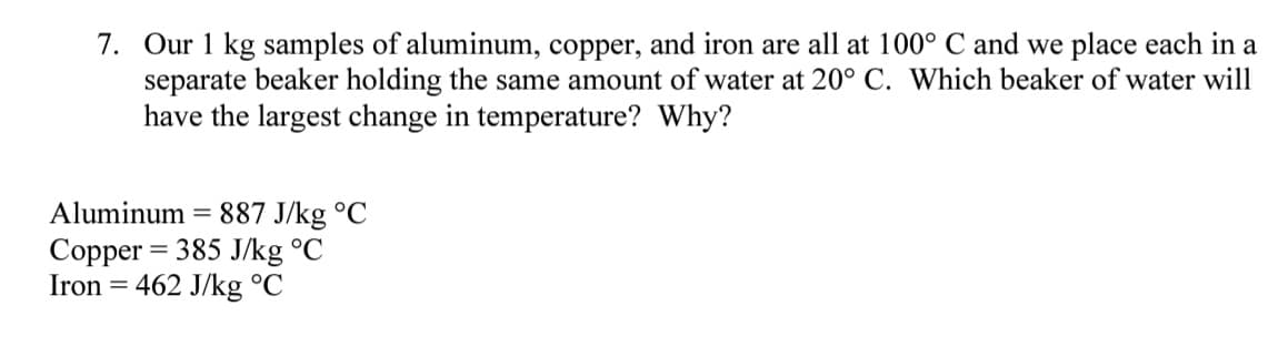 7. Our 1 kg samples of aluminum, copper, and iron are all at 100° C and we place each in a
separate beaker holding the same amount of water at 20° C. Which beaker of water will
have the largest change in temperature? Why?
Aluminum = 887 J/kg °C
Copper = 385 J/kg °C
Iron =
462 J/kg °C