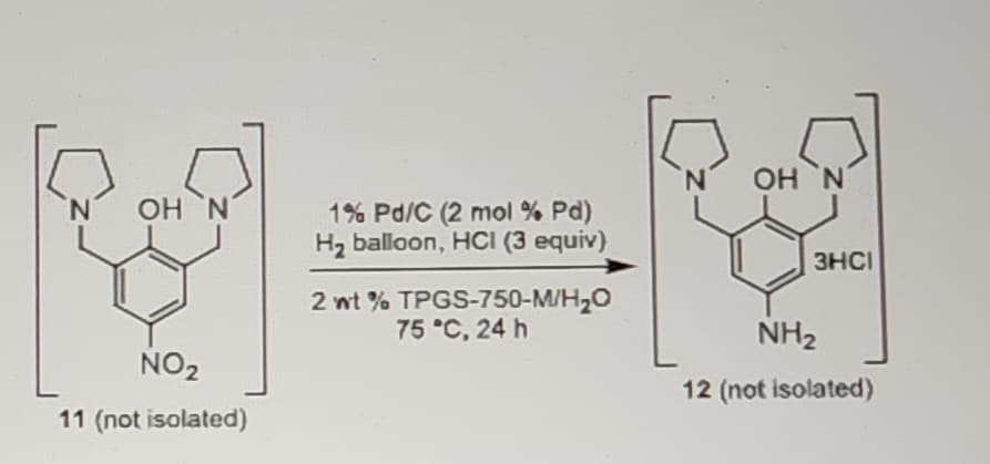 OH N
NO₂
11 (not isolated)
N
1% Pd/C (2 mol % Pd)
H₂ balloon, HCI (3 equiv)
2 wt% TPGS-750-M/H₂O
75 °C, 24 h
N
OH N
3HCI
NH₂
12 (not isolated)