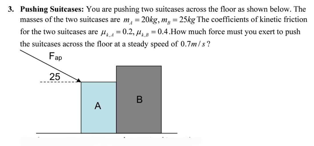 3. Pushing Suitcases: You are pushing two suitcases across the floor as shown below. The
masses of the two suitcases are m₁ = 20kg, m² = 25kg The coefficients of kinetic friction
for the two suitcases are A = 0.2, Mk.B = 0.4.How much force must you exert to push
the suitcases across the floor at a steady speed of 0.7m/s?
Fap
25
A
B