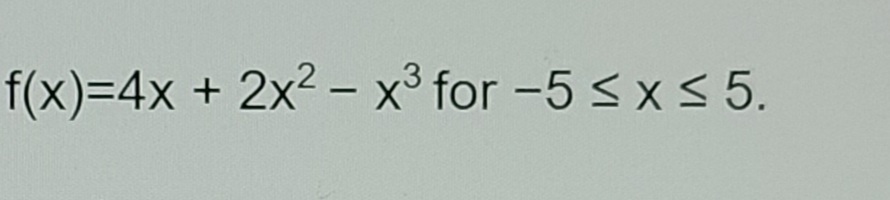f(x)%3D4×+2x2 - x³ for -5 <x s 5.
|
