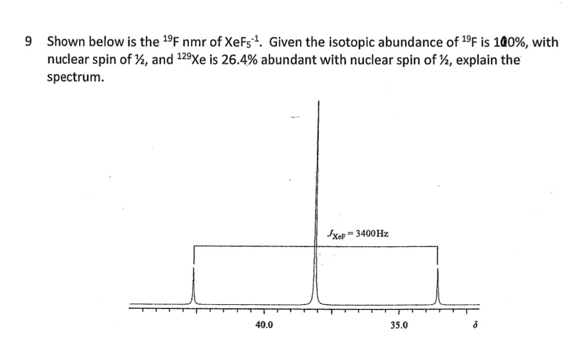 9
Shown below is the ¹⁹F nmr of XeF5¹. Given the isotopic abundance of ¹⁹F is 100%, with
nuclear spin of ½2, and 12⁹Xe is 26.4% abundant with nuclear spin of ½, explain the
spectrum.
40.0
JXeF
= 3400 Hz
35.0
d