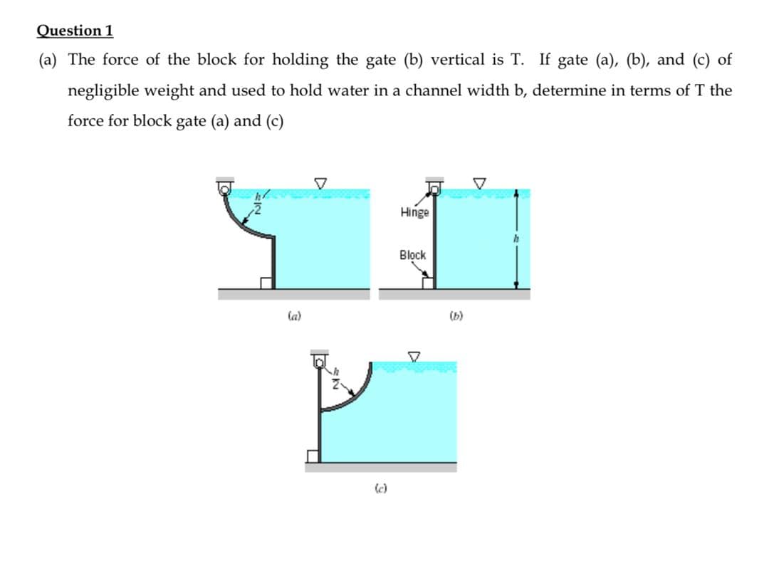 Question 1
(a) The force of the block for holding the gate (b) vertical is T. If gate (a), (b), and (c) of
negligible weight and used to hold water in a channel width b, determine in terms of T the
force for block gate (a) and (c)
Hinge
Block
la)
(b)
(c)
