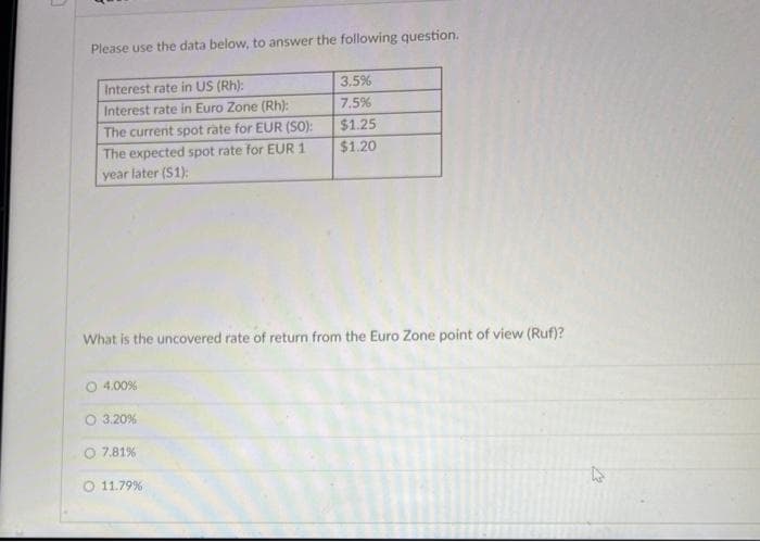 Please use the data below, to answer the following question.
Interest rate in US (Rh):
Interest rate in Euro Zone (Rh):
The current spot rate for EUR (SO):
The expected spot rate for EUR 1
year later (S1):
What is the uncovered rate of return from the Euro Zone point of view (Ruf)?
4.00%
3.20%
7.81%
3.5%
7.5%
$1.25
$1.20
O 11.79 %.
