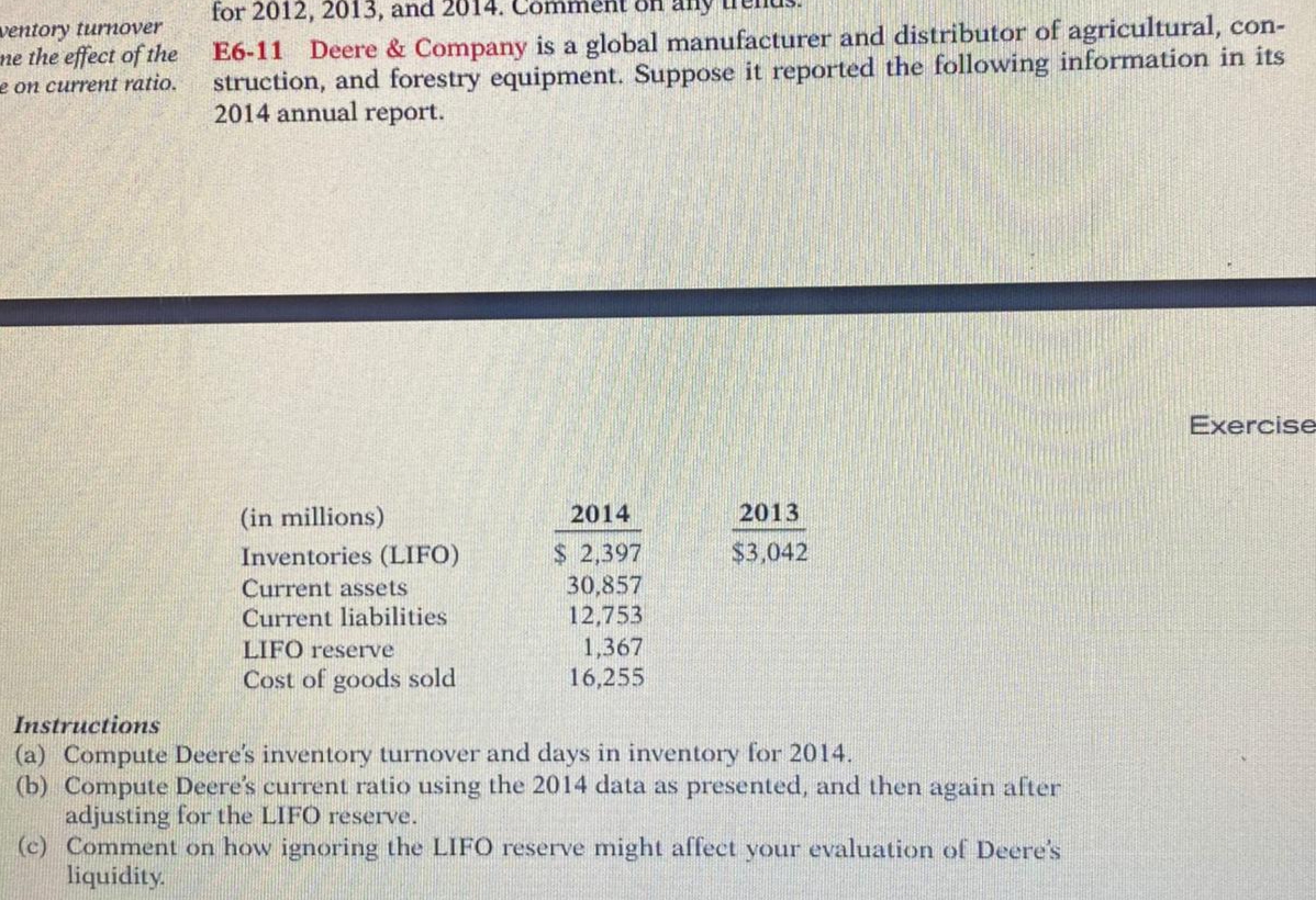 for 2012, 2013, and 2014.
ent on any i
ventory turnover
ne the effect of the
e on current ratio.
E6-11 Deere & Company is a global manufacturer and distributor of agricultural, con-
struction, and forestry equipment. Suppose it reported the following information in its
2014 annual report.
Exercise
(in millions)
2014
2013
$ 2,397
30,857
12,753
1,367
16,255
Inventories (LIFO)
$3,042
Current assets
Current liabilities
LIFO reserve
Cost of goods sold
Instructions
(a) Compute Deere's inventory turnover and days in inventory for 2014.
(b) Compute Deere's current ratio using the 2014 data as presented, and then again after
adjusting for the LIFO reserve.
(c) Comment on how ignoring the LIFO reserve might affect your evaluation of Deere's
liquidity.
