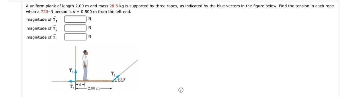 A uniform plank of length 2.00 m and mass 28.5 kg is supported by three ropes, as indicated by the blue vectors in the figure below. Find the tension in each rope
when a 720-N person is d = 0.500 m from the left end.
magnitude of T,
magnitude of T
magnitude of T3
(40.0°
- 2.00 m
