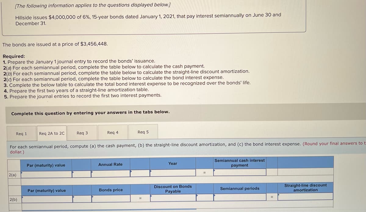 [The following information applies to the questions displayed below.]
Hillside issues $4,000,000 of 6%, 15-year bonds dated January 1, 2021, that pay interest semiannually on June 30 and
December 31.
The bonds are issued at a price of $3,456,448.
Required:
1. Prepare the January 1 journal entry to record the bonds' issuance.
2(a) For each semiannual period, complete the table below to calculate the cash payment.
2(b) For each semiannual period, complete the table below to calculate the straight-line discount amortization.
2(c) For each semiannual period, complete the table below to calculate the bond interest expense.
3. Complete the below table to calculate the total bond interest expense to be recognized over the bonds' life.
4. Prepare the first two years of a straight-line amortization table.
5. Prepare the journal entries to record the first two interest payments.
Complete this question by entering your answers in the tabs below.
Req 1
Req 2A to 2C
Req 3
Req 4
Req 5
For each semiannual period, compute (a) the cash payment, (b) the straight-line discount amortization, and (c) the bond interest expense. (Round your final answers to t
dollar.)
Par (maturity) value
Annual Rate
Year
Semiannual cash interest
payment
=
2(a)
Par (maturity) value
Bonds price
Discount on Bonds
Payable
Semiannual periods
Straight-line discount
amortization
2(b)