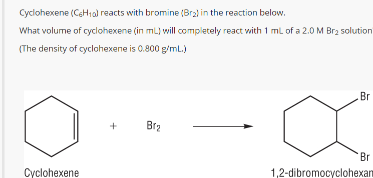 Cyclohexene (CGH10) reacts with bromine (Br2) in the reaction below.
What volume of cyclohexene (in mL) will completely react with 1 mL of a 2.0 M Br2 solution
(The density of cyclohexene is 0.800 g/mL.)
