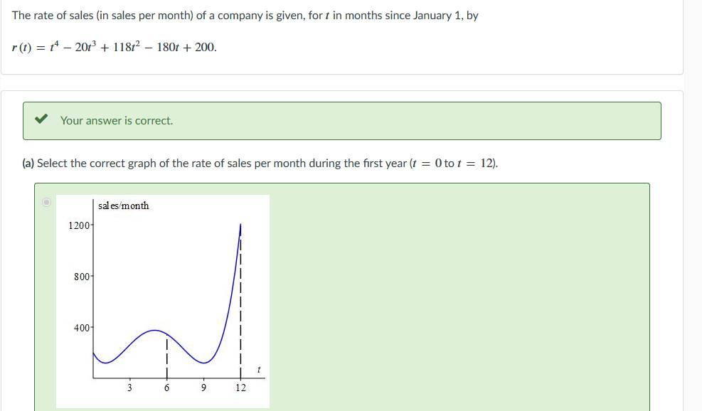 The rate of sales (in sales per month) of a company is given, for t in months since January 1, by
r(t) = t - 201³ + 118t² – 180t + 200.
Your answer is correct.
(a) Select the correct graph of the rate of sales per month during the first year (t = 0 to t = 12).
1200-
800
400+
sales/month
6
9
12